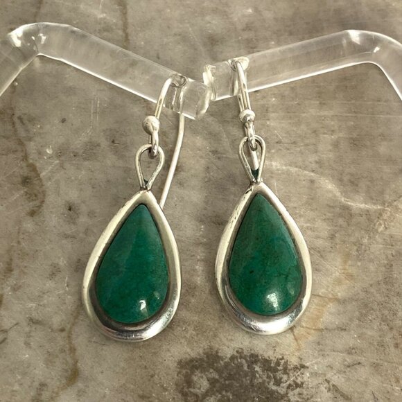 Sterling Silver 925 Southwest Style Chrysocolla Teardrop Dangle Drop Earrings - Picture 2 of 16